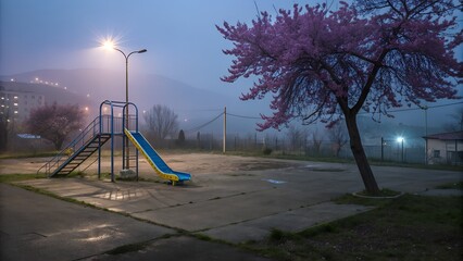 Fototapeta premium A deserted playground with a blue slide stands under a bright street light, beside a beautiful pink blossom tree in the misty twilight.