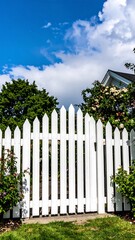 White picket fence gate with lush greenery