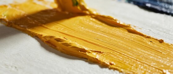 Close-up of vibrant yellow paint strokes on a canvas