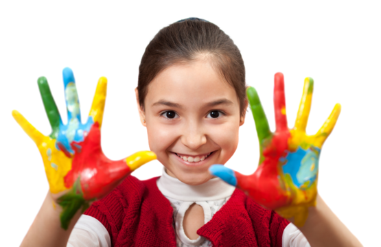 Smiling Girl with Colorful Painted Hands