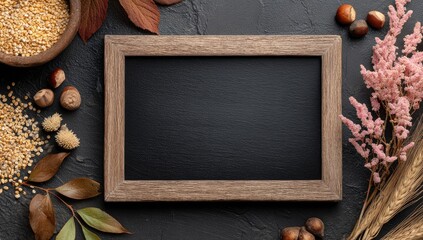 Blank chalkboard frame surrounded by autumnal elements
