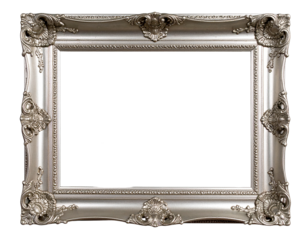 Ornate Antique Silver Picture Frame, Front View, isolated on transparent background