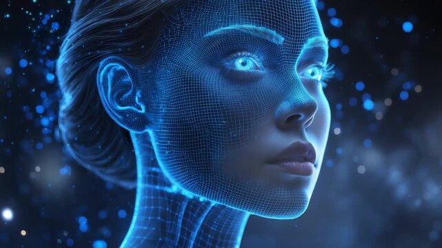 Futuristic digital woman face glowing in neon blue light with virtual holographic details and artificial intelligence technology concept