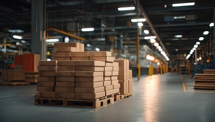 Fototapeta premium Industrial warehouse interior with stacked cardboard boxes on a pallet
