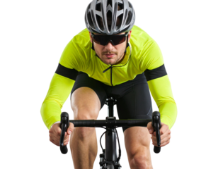 Professional Cyclist in Racing Gear Riding a Road Bike, Front-Angle View, isolated on transparent background