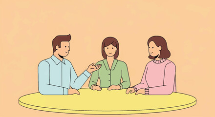 Illustration of three diverse individuals, two women and one man, engaged in a conversation or meeting around a yellow oval table.