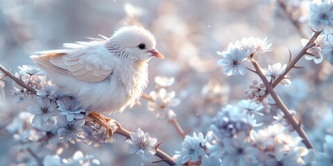 Fototapeta premium a white dove on a blossoming tree branch as a harbinger of spring