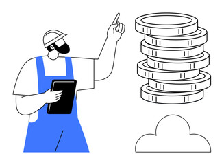 Worker in blue overalls holding a tablet and pointing to stacked coins. A floating cloud conveys modernity, technology, and savings. Ideal for finance, economy, investment, technology, construction