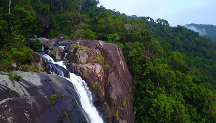 Obraz premium A cascading waterfall plunges from a cliff face into a lush, verdant forest, showcasing the natural beauty of the landscape.
