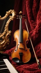Fototapeta premium Elegant Display of Musical Instruments: Violin, Harp, and Piano Keyboard on Red Velvet