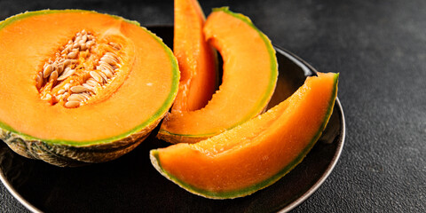 Melon Charente ripe sweet fruit tasty snack fresh delicious gourmet food background on the table rustic food top view copy space keto and paleo diet vegan and vegetarian food