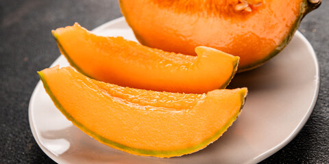 Melon Charente ripe sweet fruit tasty snack fresh delicious gourmet food background on the table rustic food top view copy space keto and paleo diet vegan and vegetarian food