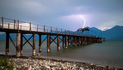 Stormy lake pier at dusk