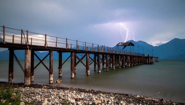 Stormy lake pier at dusk
