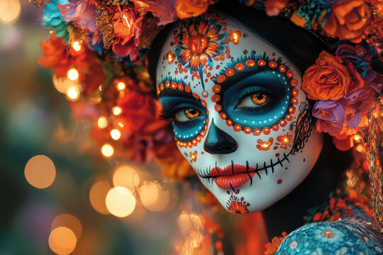 Woman with a blue face holding orange flowers.