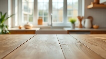 A natural wood table showcases subtle grain texture with a softly focused kitchen window in the background under morning light.