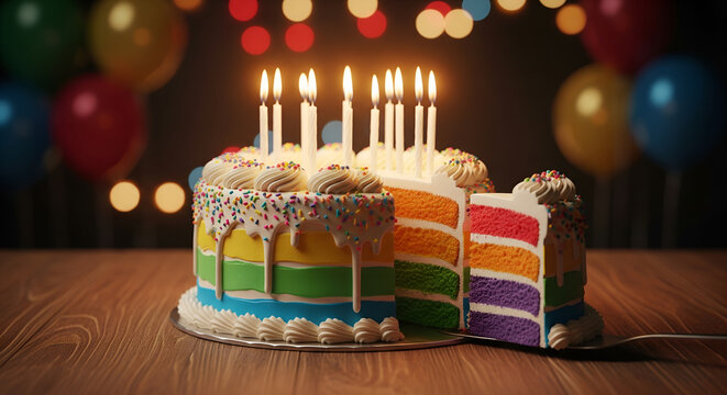 Vibrant rainbow layer birthday cake with lit candles and a colorful slice ready for a festive celebration with bokeh lights