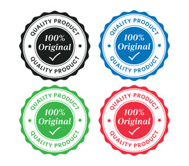 Four circular Quality Product, 100% Original badges in black, blue, green, and red