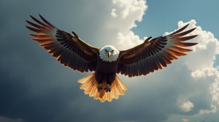 Obraz premium Bald Eagle Soars Against Cloudy Sky