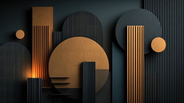 Abstract geometric shapes, dark colors, layered design