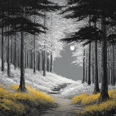 A grayscale forest path, moonlit