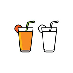 Vector art of glass of orange juice with straw and garnish, next to outline glass isolated on white background