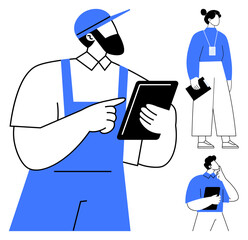 Workers and professionals using tablets and holding documents. Ideal for teamwork, technology, business, organization, communication, digital workflow, project management. Simple flat metaphor