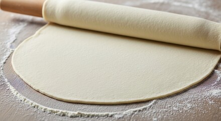 Rolling dough with wooden rolling pin on floured surface for baking