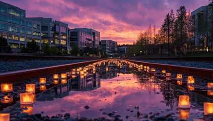 Fototapeta premium Sunset over train tracks with candles