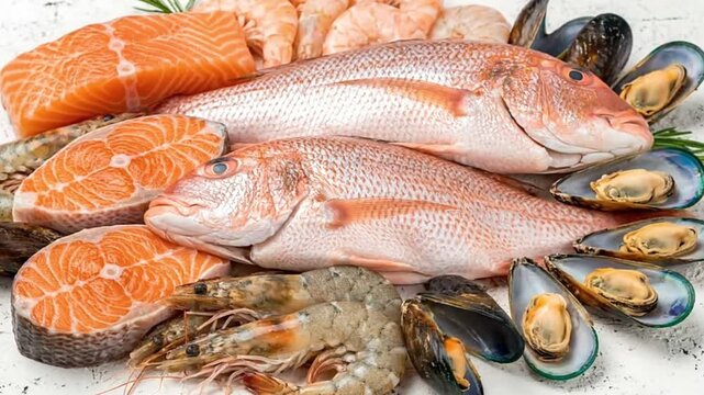 Display of raw seafood featuring salmon fillets whole redfish mussels and shrimp arranged on a white surface