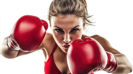 Female boxer sports portrait with red boxing gloves, sports bra, white background, for fitness, boxing and sports brand promotion