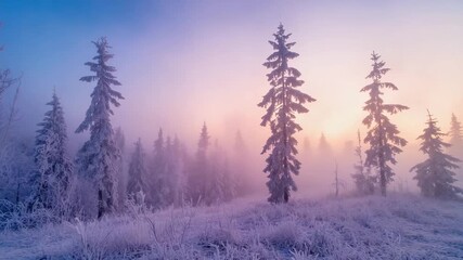 Enchanting winter forest scene unfolds with frosted trees and a soft, pastel sunrise casting a serene, magical glow over the misty landscape - Powered by Adobe