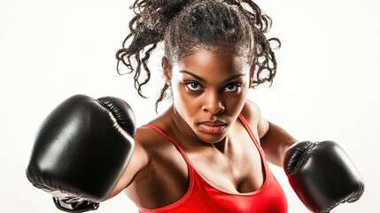 Female boxer sports portrait with boxing gloves, sportswear, white background, for fitness and sports brand promotion