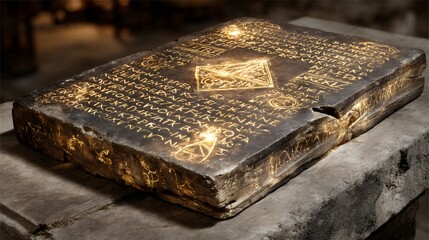 Ancient Stone Tablet with Mystical Engravings and Ornate Design, Evoking Lore, Discovery, and Historical Significance for Fantasy Worlds, Gaming or Cryptography Research Concept