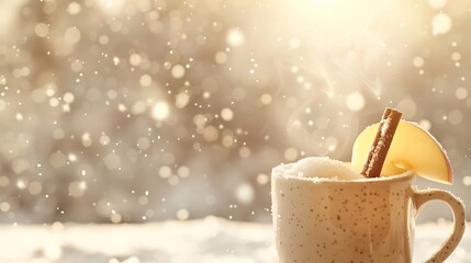 Cozy winter drink with cinnamon and orange slice in snowy setting
