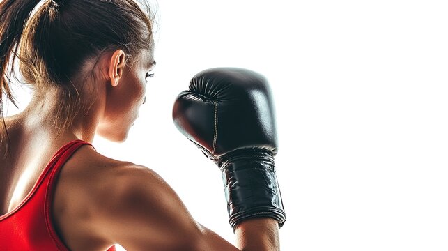 Female boxer sports portrait with boxing gloves, sportswear, white background, for fitness and sports brand promotion