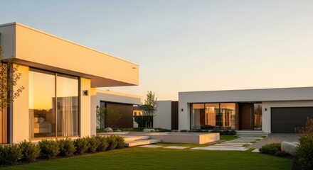 Modern minimalist house exterior with sleek design, large windows, green landscape, and tranquil sunset ambiance in suburban neighborhood setting