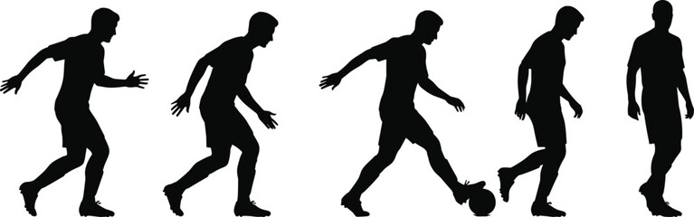 Silhouette soccer player kicking ball, dynamic sports motion, athletic movement, football game action, vector illustration, competition, training