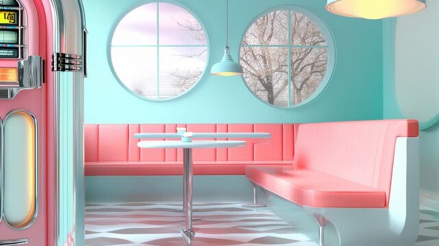 Pastel colors dominate a retro american diner with jukebox and pink booth seats