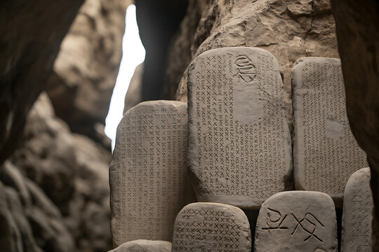 Ancient stone tablets inscribed with mysterious historical text discovered in a rocky cavern setting