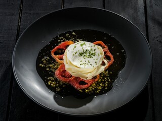 Delicate pasta rests on a bed of grilled tomatoes, topped with a poached egg and aromatic basil oil. Served on a black plate against a moody, dark background