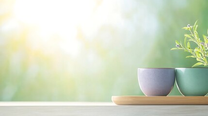 Two pastel cups on a wooden tray with a soft green blurry background