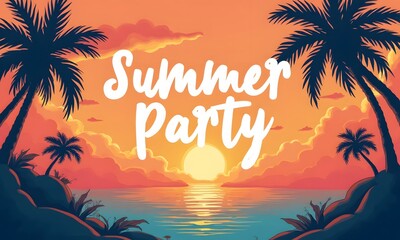 Illustrated Summer Party Invitation in warm orange and yellow tones representing a tropical sunset celebration with copy space