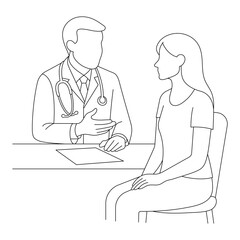 Line art of a doctor consulting with a female patient at a desk. The doctor explains while the patient listens attentively, representing healthcare advice and diagnosis.