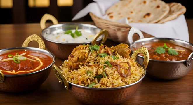 Various indian dishes chicken biryani, rajma daal, paneer handi served in copper bowls with rooti on wooden table