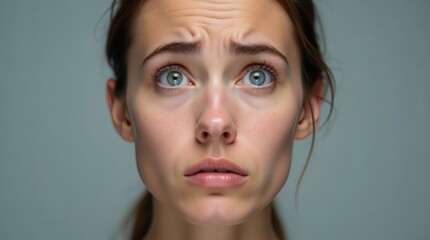 Close-up portrait of a person with confused expression, tilted head and raised eyebrows, simple background, professional lighting
