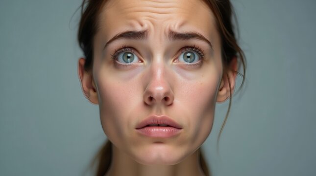 Close-up portrait of a person with confused expression, tilted head and raised eyebrows, simple background, professional lighting