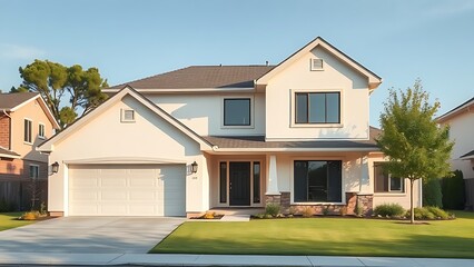 A contemporary suburban home with clean lines, representing modern living and tranquility.