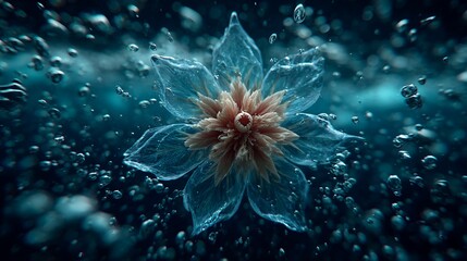 Ethereal underwater flower with transparent petals surrounded by bubbles creating a dreamy aquatic ambiance exploring the depths and serenity of oceanic flora fantasy 174 character