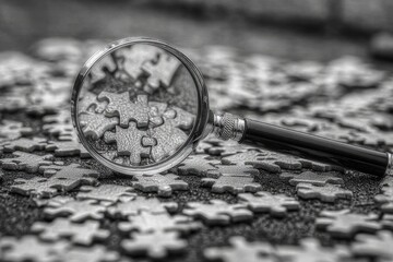 Close-up of magnifying glass over scattered jigsaw puzzle pieces